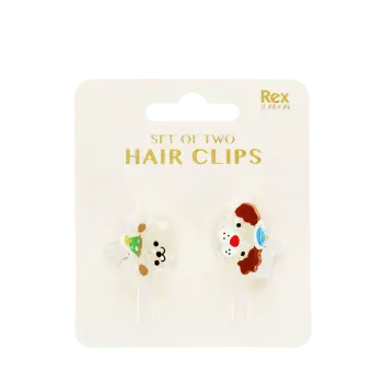 Set of two mini party dogs design hair claw clips displayed in retail card packaging