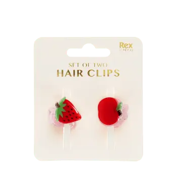 Set of two mini fruit-shaped hair claw clips in strawberry and apple designs displayed in retail card packaging.