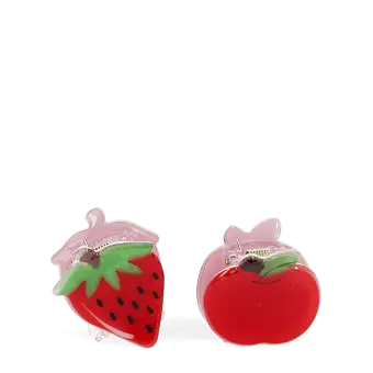 Set of two mini fruit-shaped hair claw clips in strawberry and apple designs.