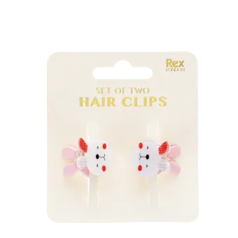 Set of two mini rabbit-shaped hair claw clips with white faces and pink ear details displayed in retail card packaging.