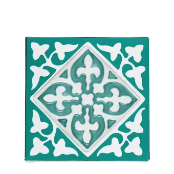 Turquoise ceramic coaster with embossed pattern.