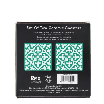 Back of boxed set of two turquoise ceramic coasters with pattern, branding, and barcode.