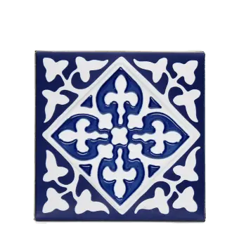 Blue ceramic coaster with embossed pattern.