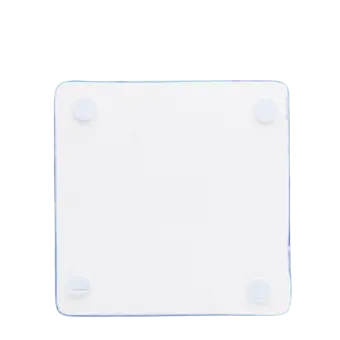 Back of blue ceramic coaster with four corner foam pads to prevent surface scratches.