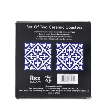 Back of boxed set of two blue ceramic coasters with pattern, branding, and barcode.