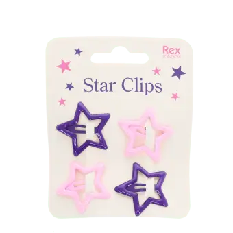 Purple and pink star hair clips on display card.