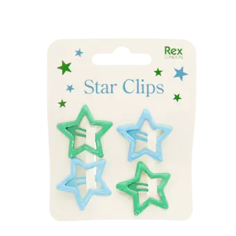 Blue and green star hair clips on display card.