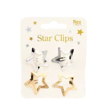 Gold and silver star hair clips on display card.