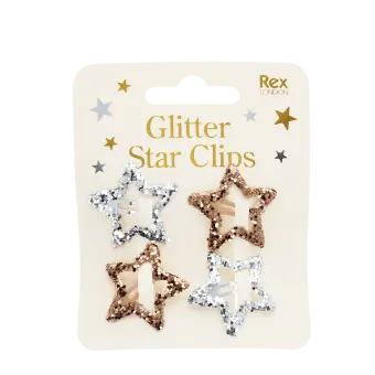 Gold and silver glitter star hair clips on display card.