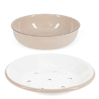 Two-part round soap dish, shown separated with drainage tray and outer bowl.