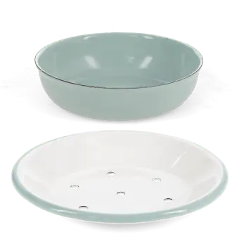 Two-part round soap dish, shown separated with drainage tray and outer bowl.