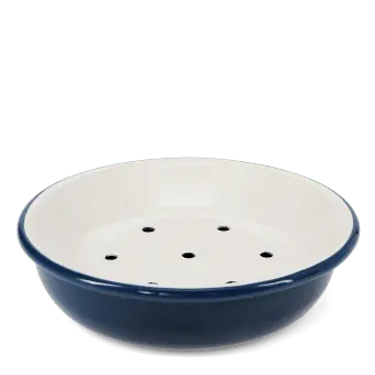 Round two-part soap dish with drainage holes in blue.