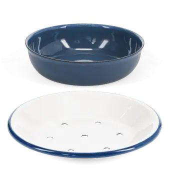 Two-part round soap dish, shown separated with drainage tray and outer bowl.