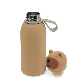 Stainless drinks bottle with bear lid, shown open with screw cap and carry loop