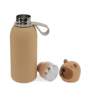 Stainless drinks bottle with bear lid, shown open with screw cap and carry loop