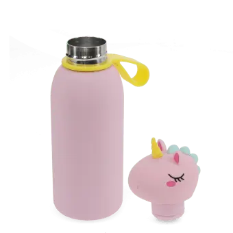 stainless drinks bottle shown open with unicorn lid and carry loop.
