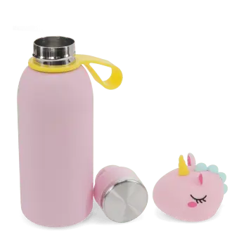 stainless drinks bottle with unicorn lid, shown open with screw cap and carry loop.