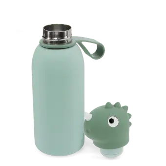 Dinosaur drinks bottle with carry loop, shown open with character lid.