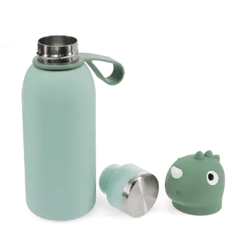 Dinosaur drinks bottle with carry loop, shown open with screw cap and character lid.