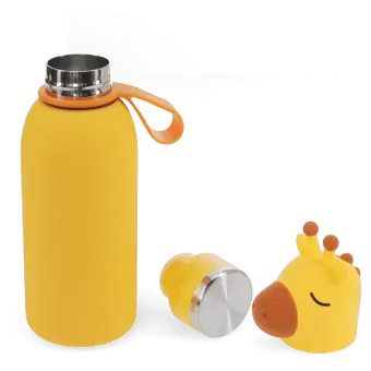 Giraffe drinks bottle with carry loop, shown open with screw cap and character lid.
