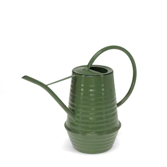 Dark green ribbed metal watering can with handle and long spout