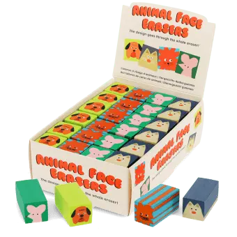 Copilot said:  Box of assorted animal face erasers with dog, cat, mouse and lion designs