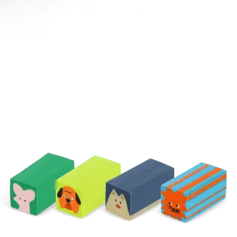 Four rectangular animal-themed erasers featuring mouse, dog, lion and cat faces.