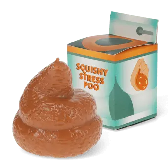 Squishy stress poo toy beside retail box