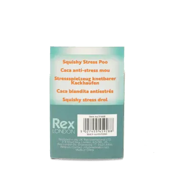 Back of Squishy Stress Poo packaging showing product name in multiple languages and barcode.