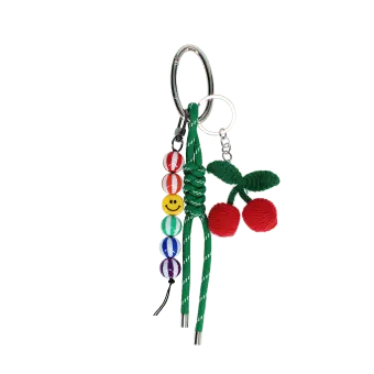 Crochet cherry bag charm with green cord strap, colourful beads