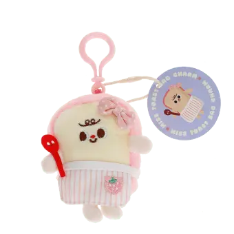 Plush toast bag charm with pink clip, pink spotty bow with tag.