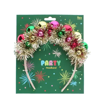 Festive tinsel party headband decorated with colourful jingle bells on retail packaging.