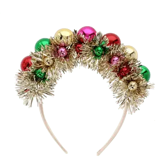 Festive tinsel party headband decorated with colourful jingle bells .