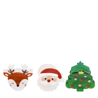 Set of three Christmas hair clips featuring a Santa, reindeer and Christmas tree design.