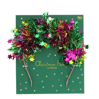 Festive Christmas party headband with colourful tinsel and star decorations.