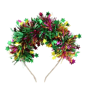 Christmas party headband with colourful tinsel and star.