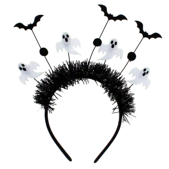 Halloween headband with black tinsel, ghost decorations and bats.
