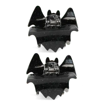 Set of two black glitter bat-shaped hair claw clips.