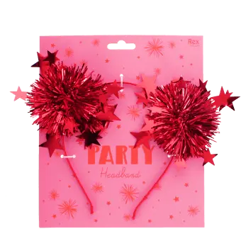 Red party headband with tinsel pom-poms and star decorations on retail packaging.