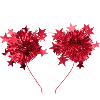Red party headband with tinsel pom-poms and star decorations.