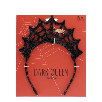 Black glitter spiderweb headband with a gold spider decoration on Halloween-themed packaging.