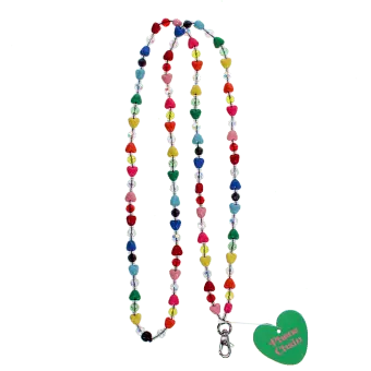 Colourful beaded phone chain with multicoloured heart-shaped beads and a metal clasp and tag.