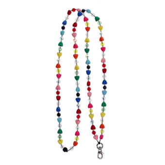 Colourful beaded phone chain with multicoloured heart-shaped beads and a metal clasp.