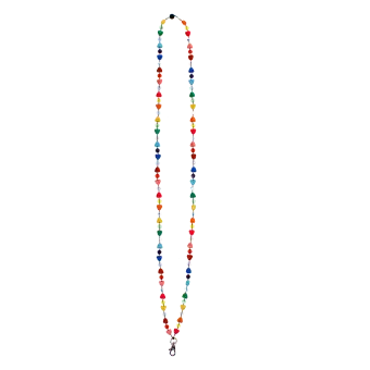 Colourful beaded phone chain with multicoloured heart-shaped beads and a metal clasp.