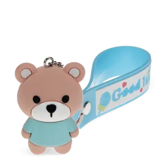 Bear bag charm with blue outfit, silicone wrist strap and silver keyring