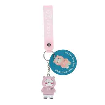 Polar bear bag charm with pink hoodie, silicone wrist strap and silver keyring with tag.