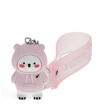 Polar bear bag charm with pink hoodie, silicone wrist strap and silver keyring