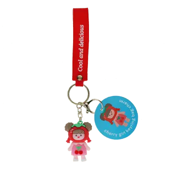 Copilot said:  Cherry girl bag charm with red cherry hat, pink outfit, silicone wrist strap and keyring with tag.