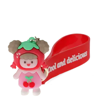 Copilot said:  Cherry girl bag charm with red cherry hat, pink outfit, silicone wrist strap and keyring