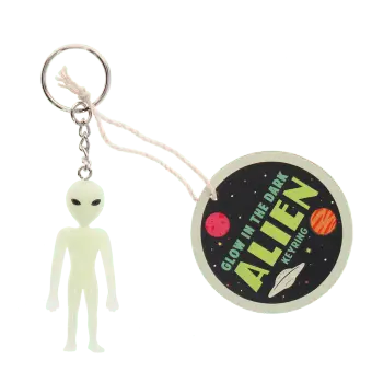 Glow-in-the-dark alien keyring with silver chain and key ring with tag